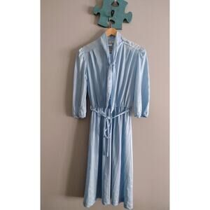 70s Vintage Belted Spring Blue Secretary Dress 11/12 Flit & Flare Tie Collar